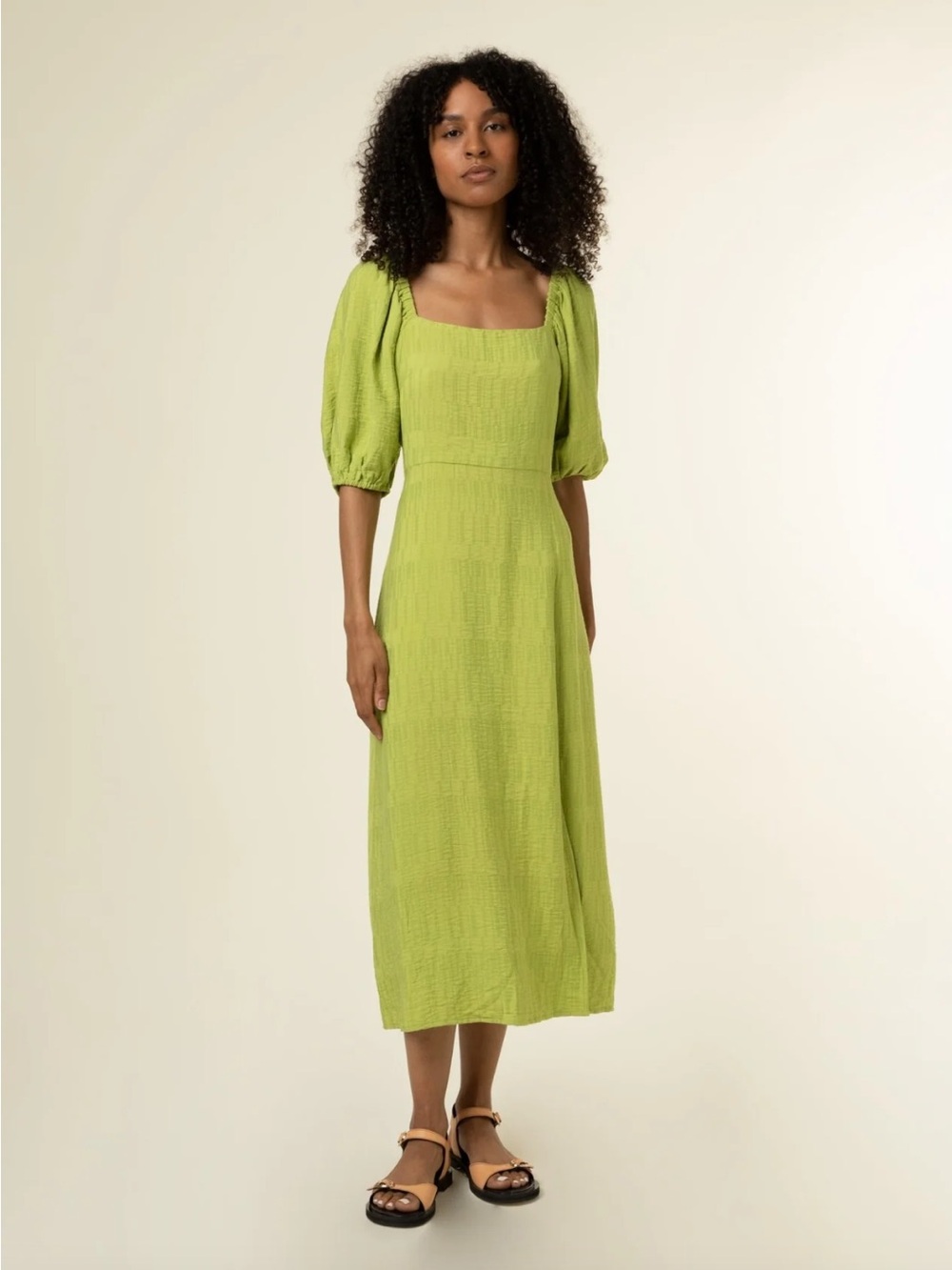 FRNCH Lime Green Square-Neck Puff-Sleeve Midi Dress